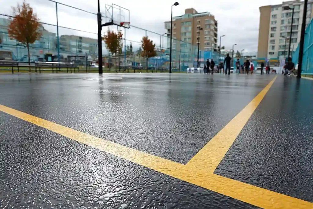 Basketball court with fresh yellow lines on a smooth asphalt surface.