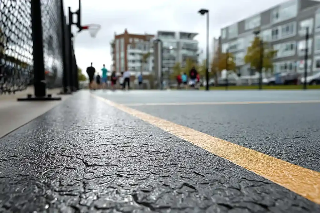 Low-angle view of a smooth, crack-free edge on an asphalt court.