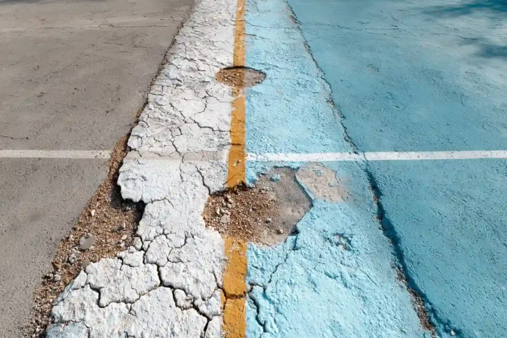 Damaged asphalt court surface with extensive cracking and flaking.